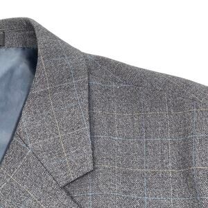 Jones New York Sport Coat Mens 50L Gray with Blue Tan Windowpane 100% Wool
